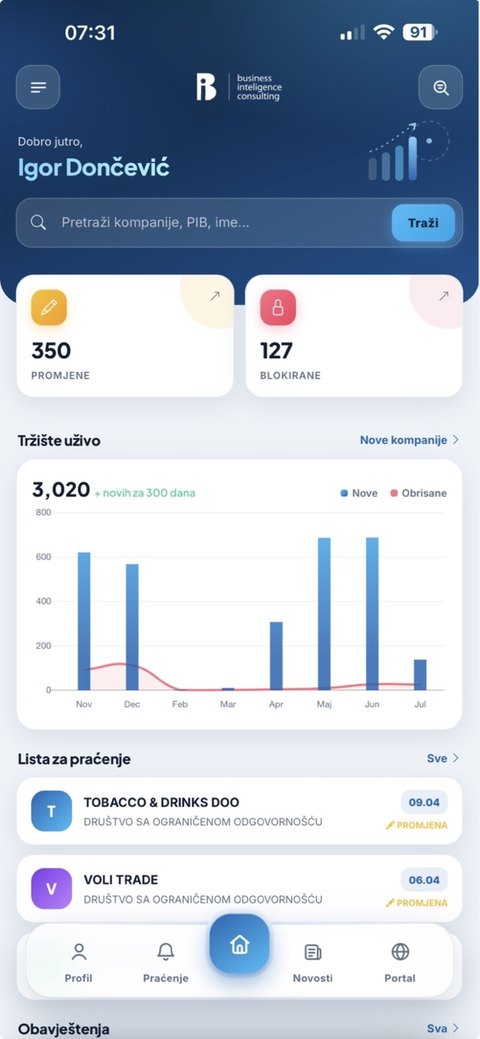 BInfo mobilna aplikacija - početni ekran